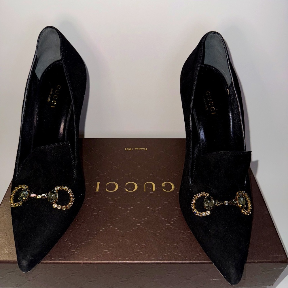 Gucci Black Suede Crystal Horsebit Pointed Toe Pumps